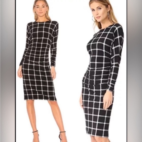 Norma Kamali Black and White windowpane grid Ruched Midi Dress - Picture 1 of 9